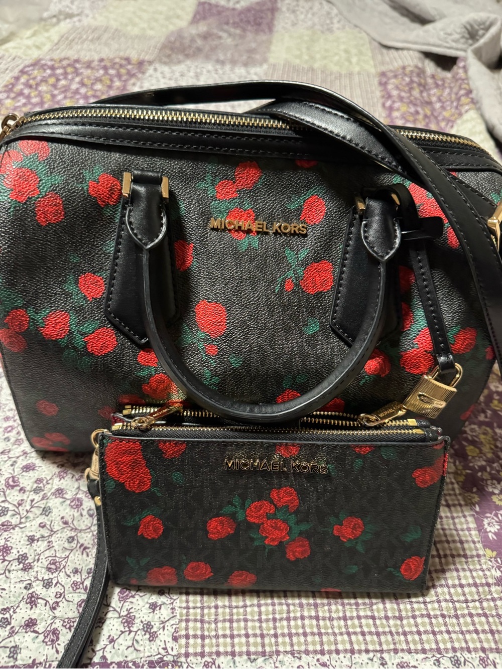Michael Kors Black Satchel and Wristlet with Red Floral Print